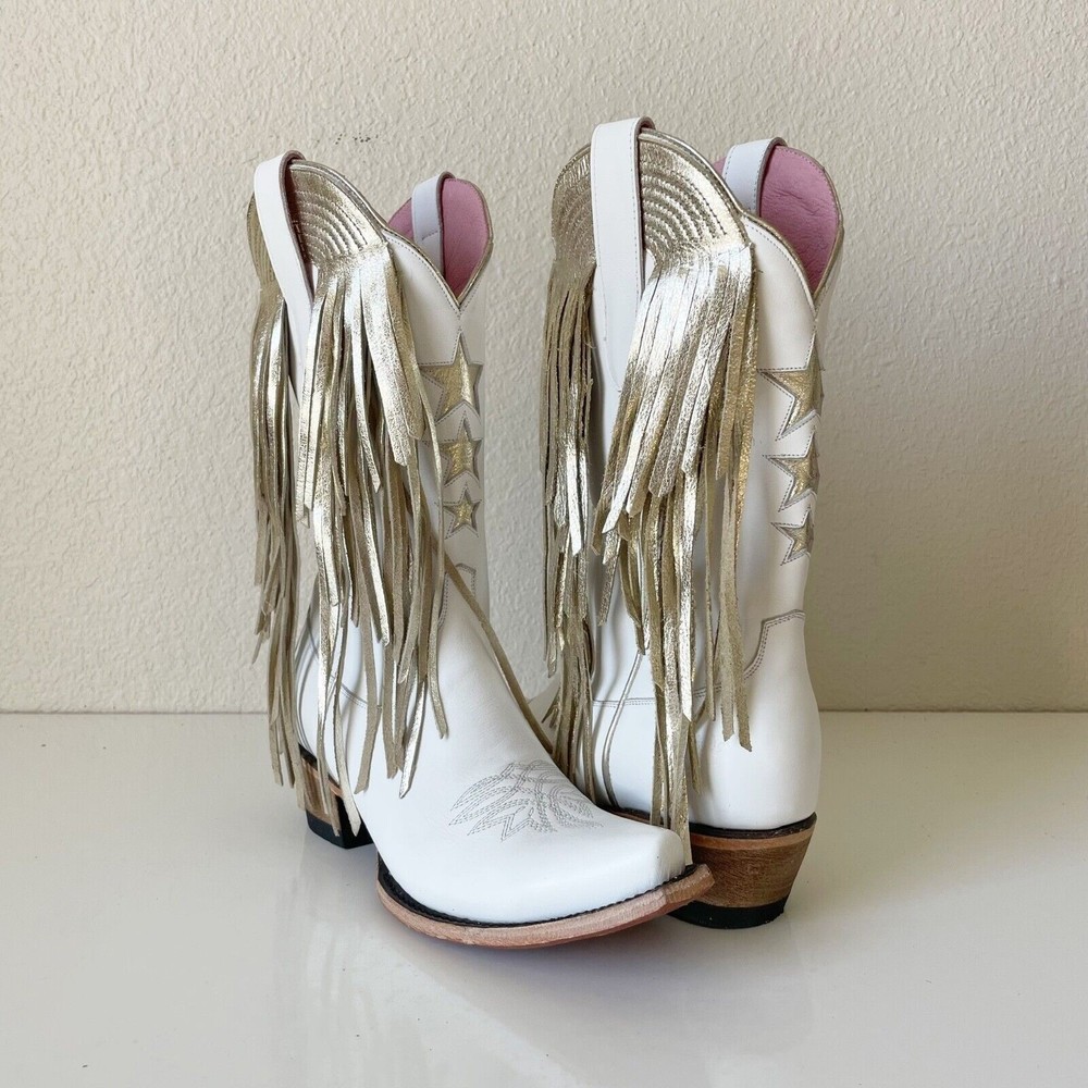 Junk Gypsy Womens Boots Sz 7.5 White Silver Stars Snip Toe Fringe Shortie Zipper